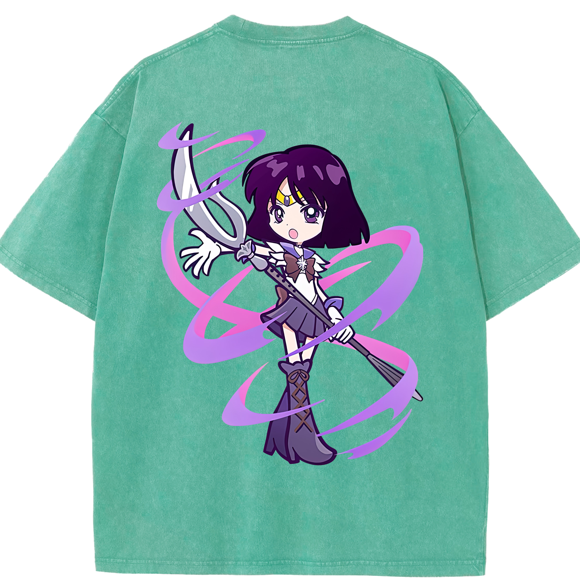 （画像用） 美少女戦士セーラームーン 土萠ほたる Sailor Moon Tomoe Hotaru （セーラーサターン；Sailor Saturn） 綿100% ヴィンテージ風 半袖Tシャツ（背面プリント）